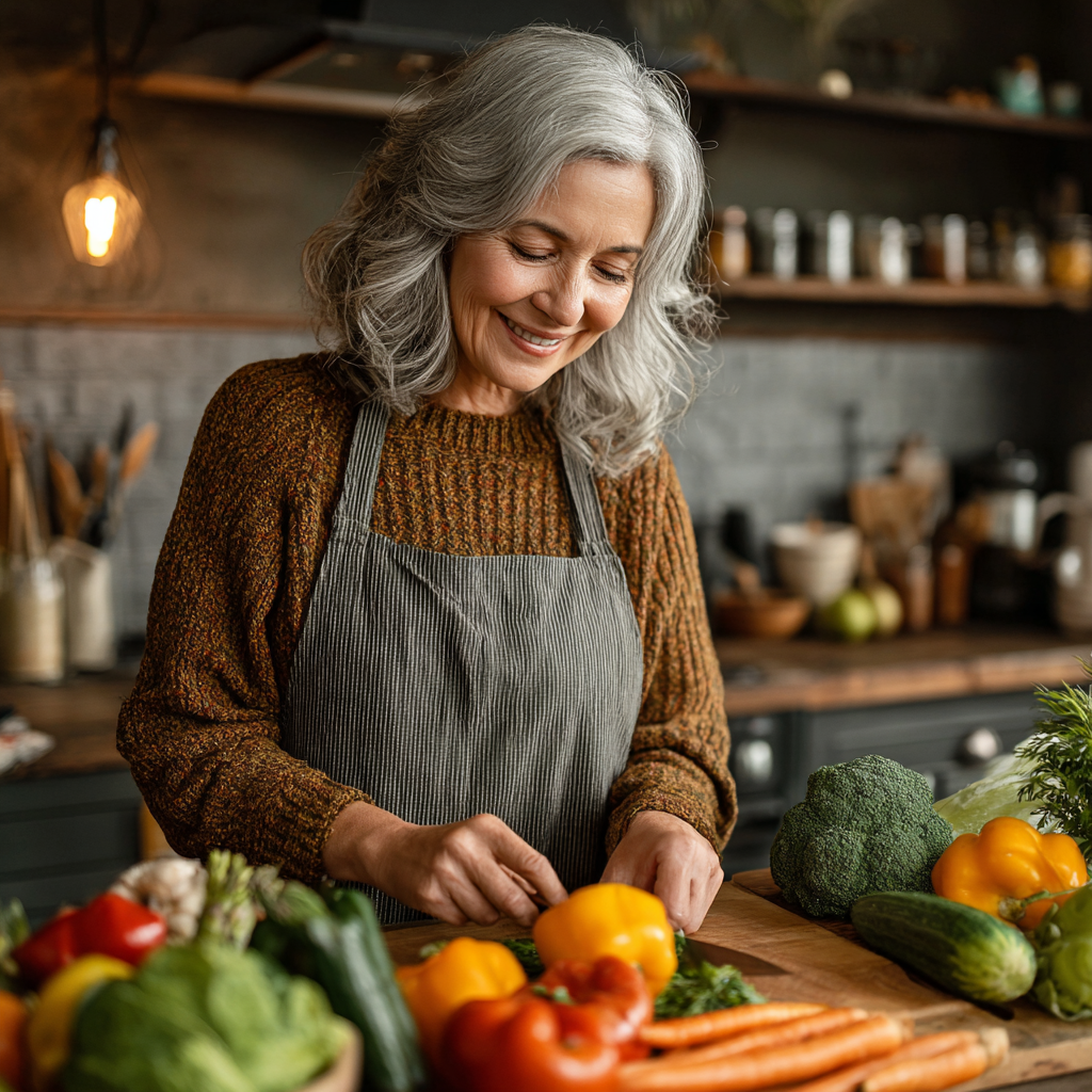 Healthy middle-aged woman in her 50s with gray hair preparing fresh vegetables in a modern kitchen, smiling while organizing colorful produce on a wooden cutting board